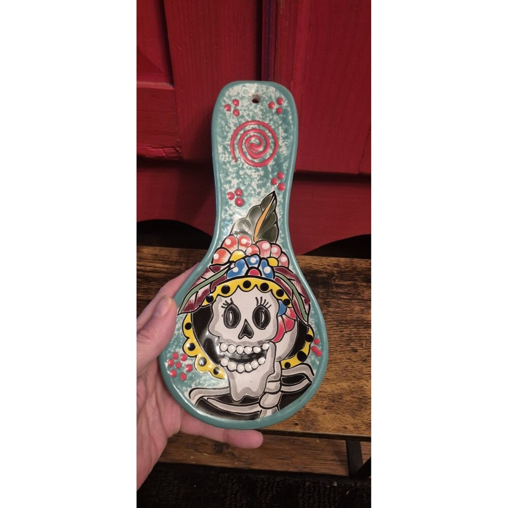 Talavera Spoon Rest Ulises Mexico Hand Painted Sugar Skull Day of the Dead Folk